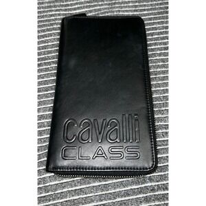 Cavalli Class Black Leather Zip Around Travel Wallet Organizer Debossed Logo